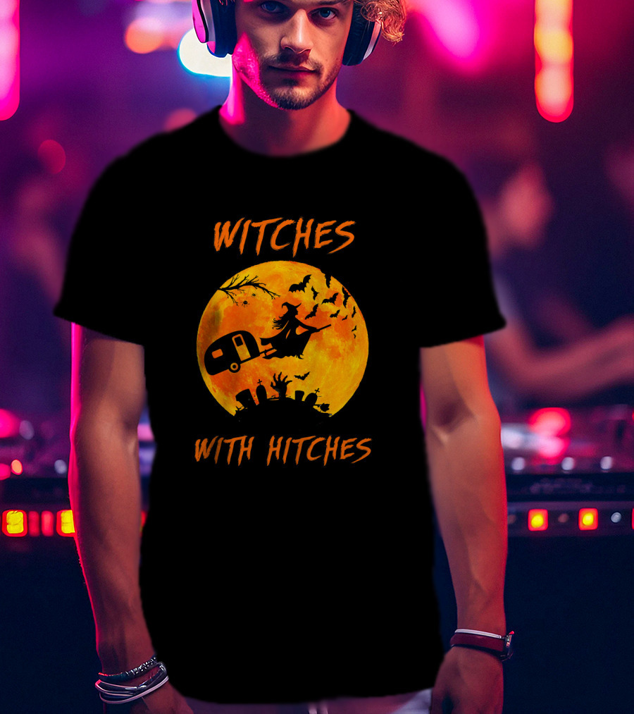 Witches With Hitches Halloween Moon Bats Graveyard Scene T-Shirt