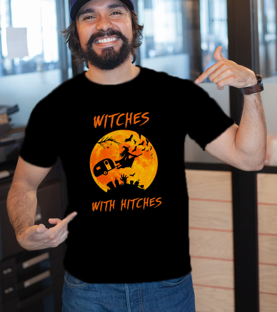 Witches With Hitches Halloween Moon Bats Graveyard Scene T-Shirt