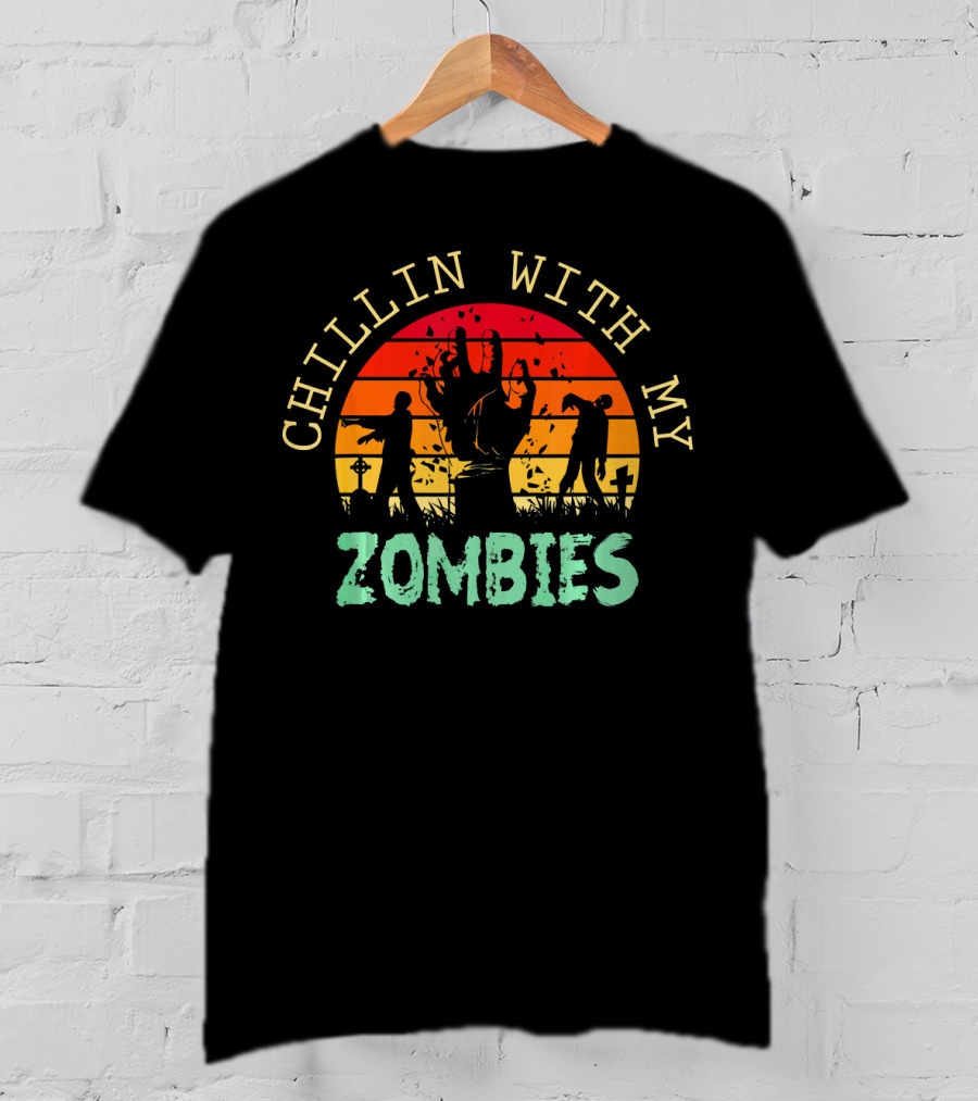 CHILLIN WITH MY ZOMBIES Halloween Zombie Sunset Scene T-Shirt
