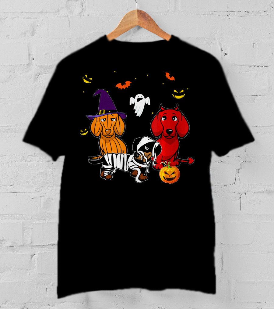 Dachshund In Witch, Devil, And Mummy Costumes With Pumpkin And Ghost T-Shirt