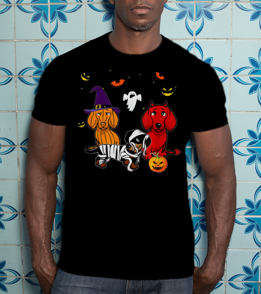 Dachshund In Witch, Devil, And Mummy Costumes With Pumpkin And Ghost T-Shirt
