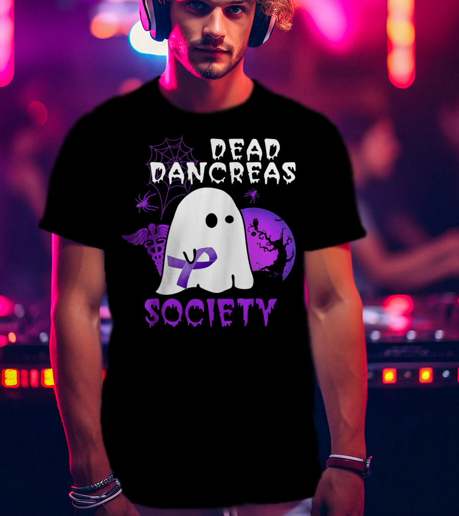 Dead Pancreas Society Ghost With Purple Ribbon Halloween T-Shirt