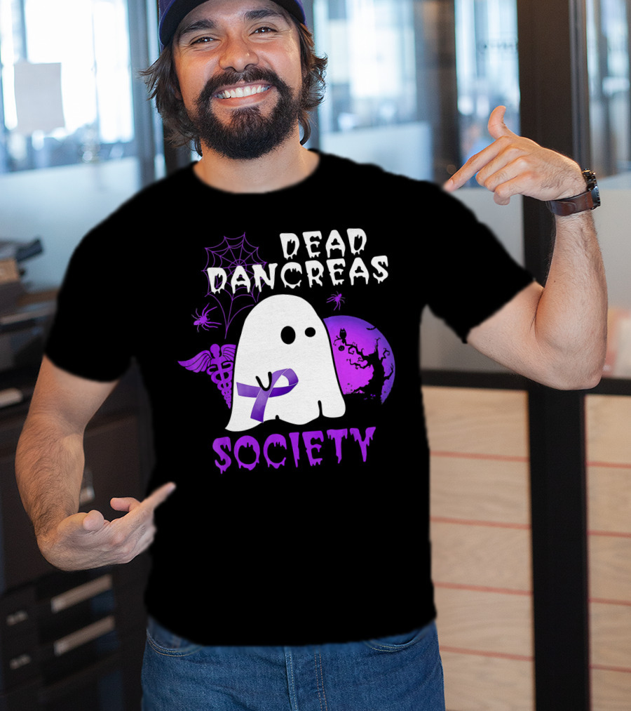 Dead Pancreas Society Ghost With Purple Ribbon Halloween T-Shirt