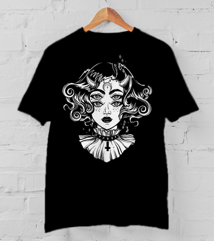 Horned Devil Girl Satanic Occult Triple-Eyed Cross T-Shirt