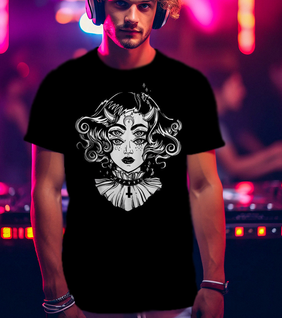 Horned Devil Girl Satanic Occult Triple-Eyed Cross T-Shirt