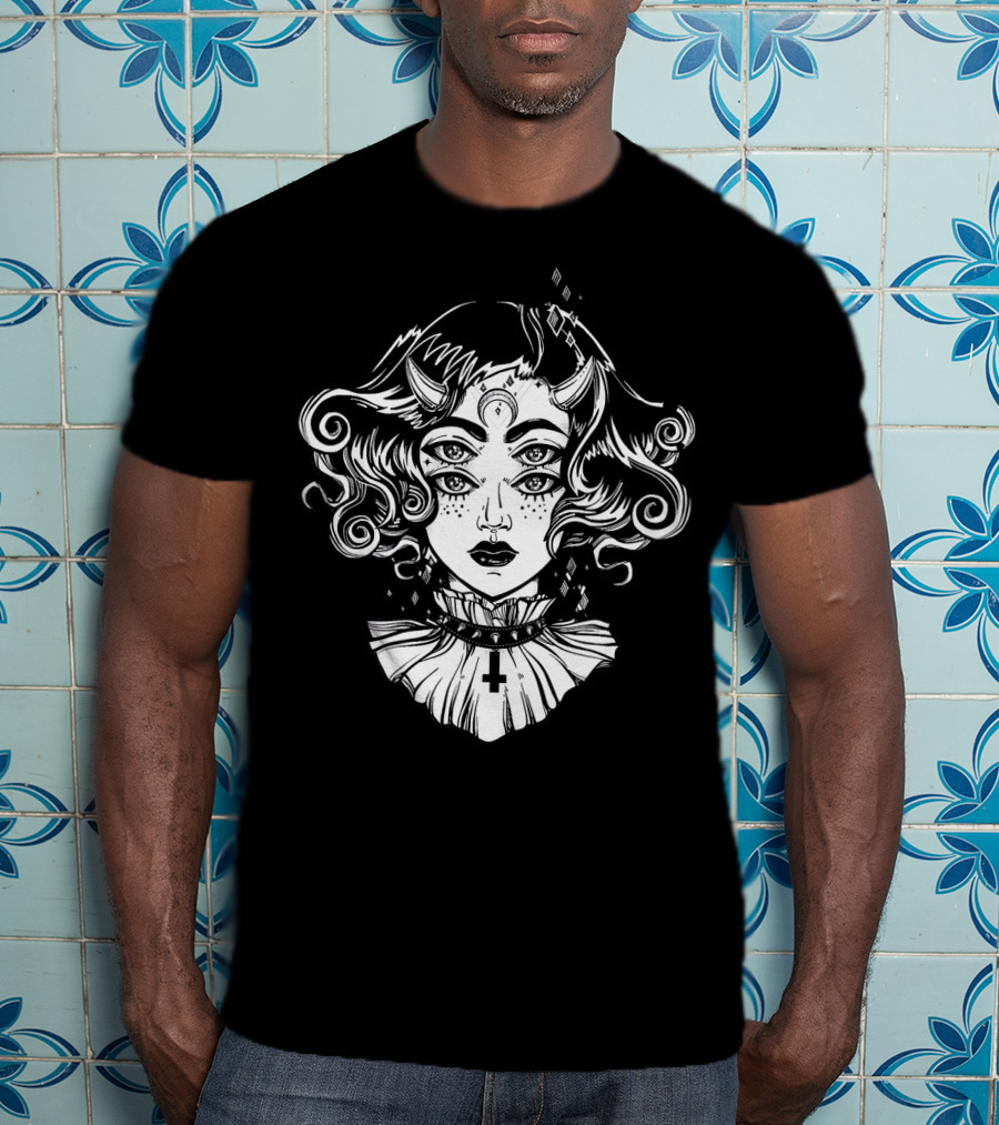 Horned Devil Girl Satanic Occult Triple-Eyed Cross T-Shirt