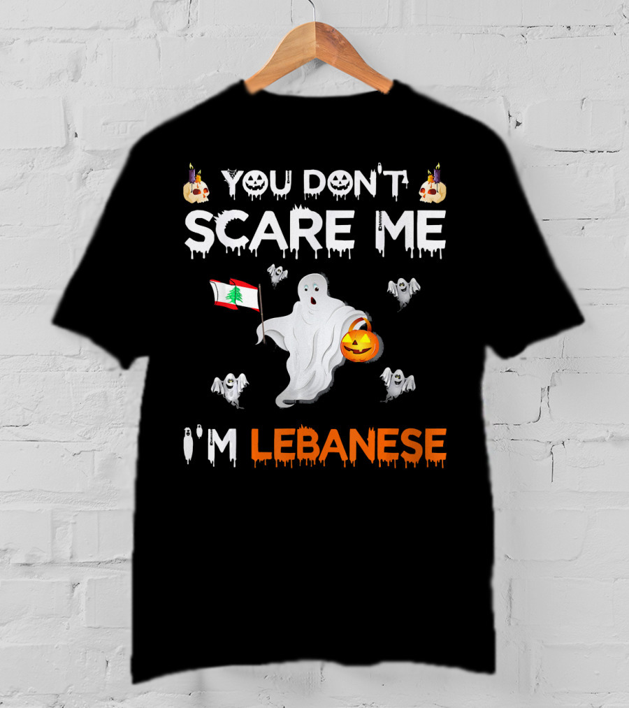You Don't Scare Me I'm Lebanese Ghost With Lebanese Flag And Pumpkin Halloween T-Shirt
