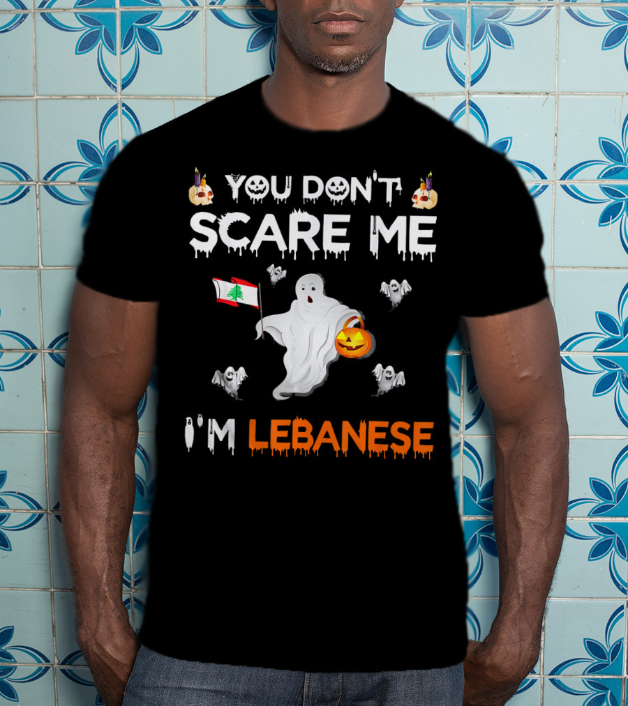 You Don't Scare Me I'm Lebanese Ghost With Lebanese Flag And Pumpkin Halloween T-Shirt