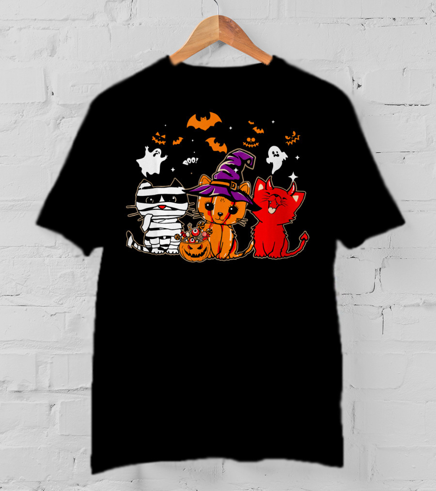 Funny Cat Trio In Halloween Costumes With Ghosts And Pumpkins T-Shirt