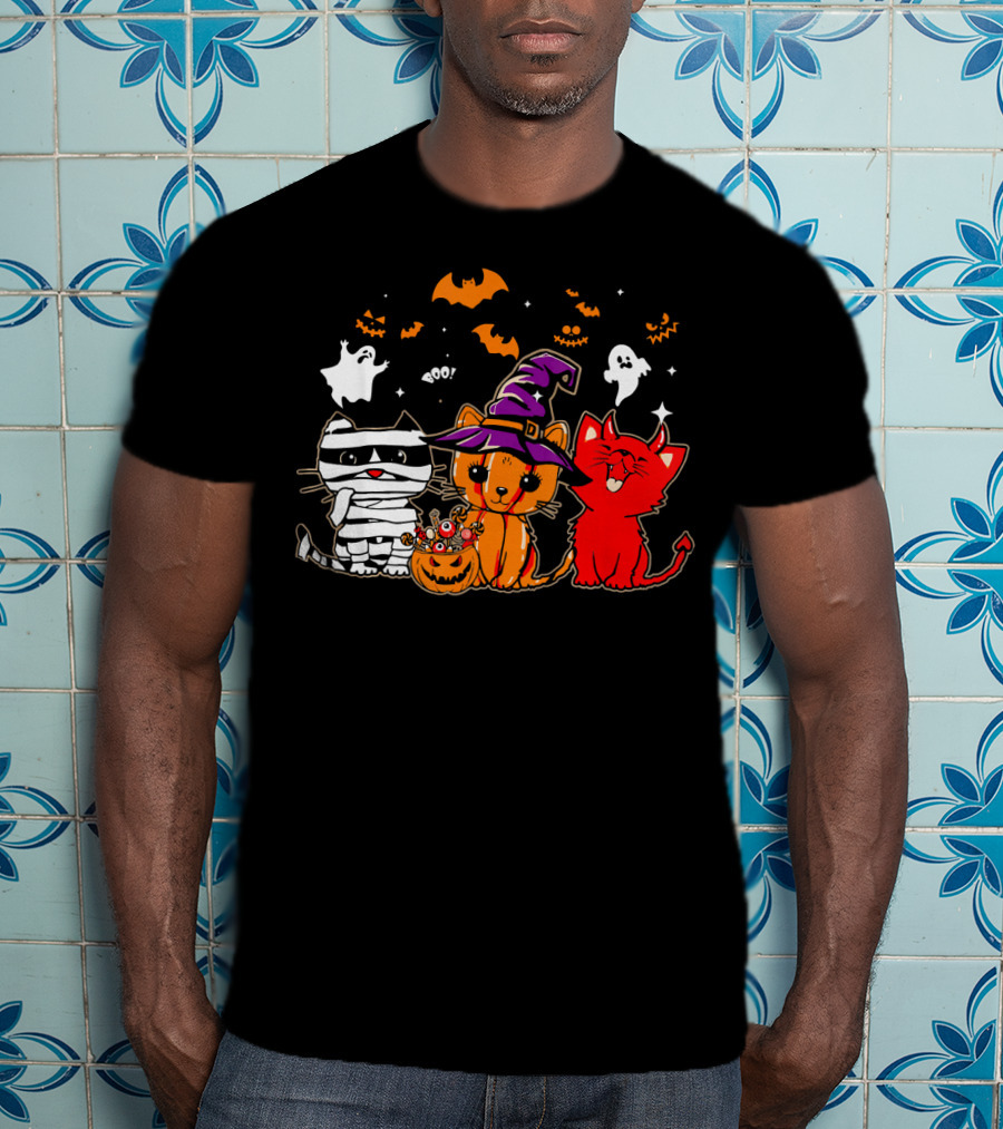 Funny Cat Trio In Halloween Costumes With Ghosts And Pumpkins T-Shirt