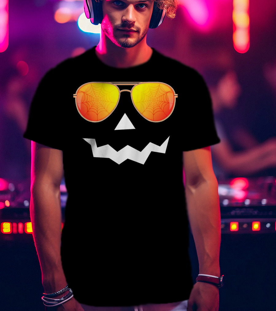 Halloween Jack O Lantern With Sunglasses And Spider Web Reflection T-Shirt