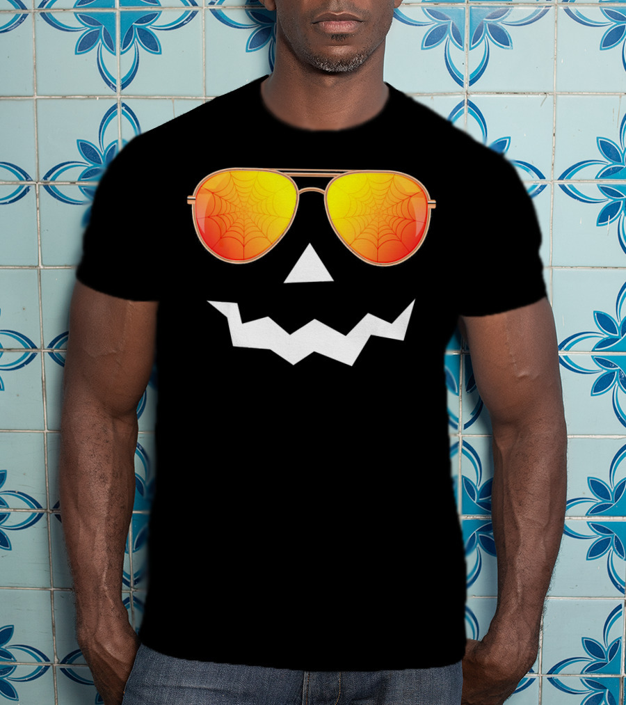 Halloween Jack O Lantern With Sunglasses And Spider Web Reflection T-Shirt