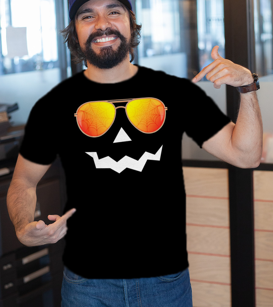Halloween Jack O Lantern With Sunglasses And Spider Web Reflection T-Shirt