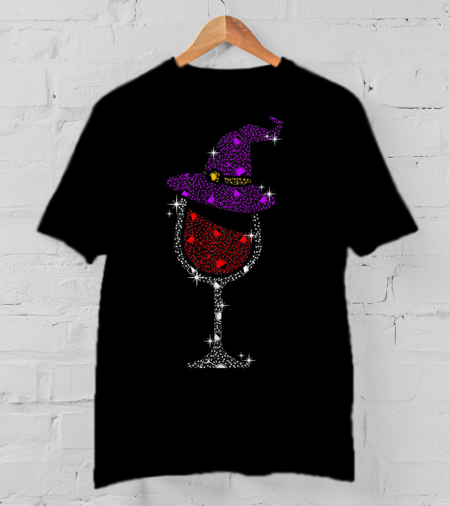 Sparkling Purple Witch Hat Red Wine Glass Halloween T-Shirt