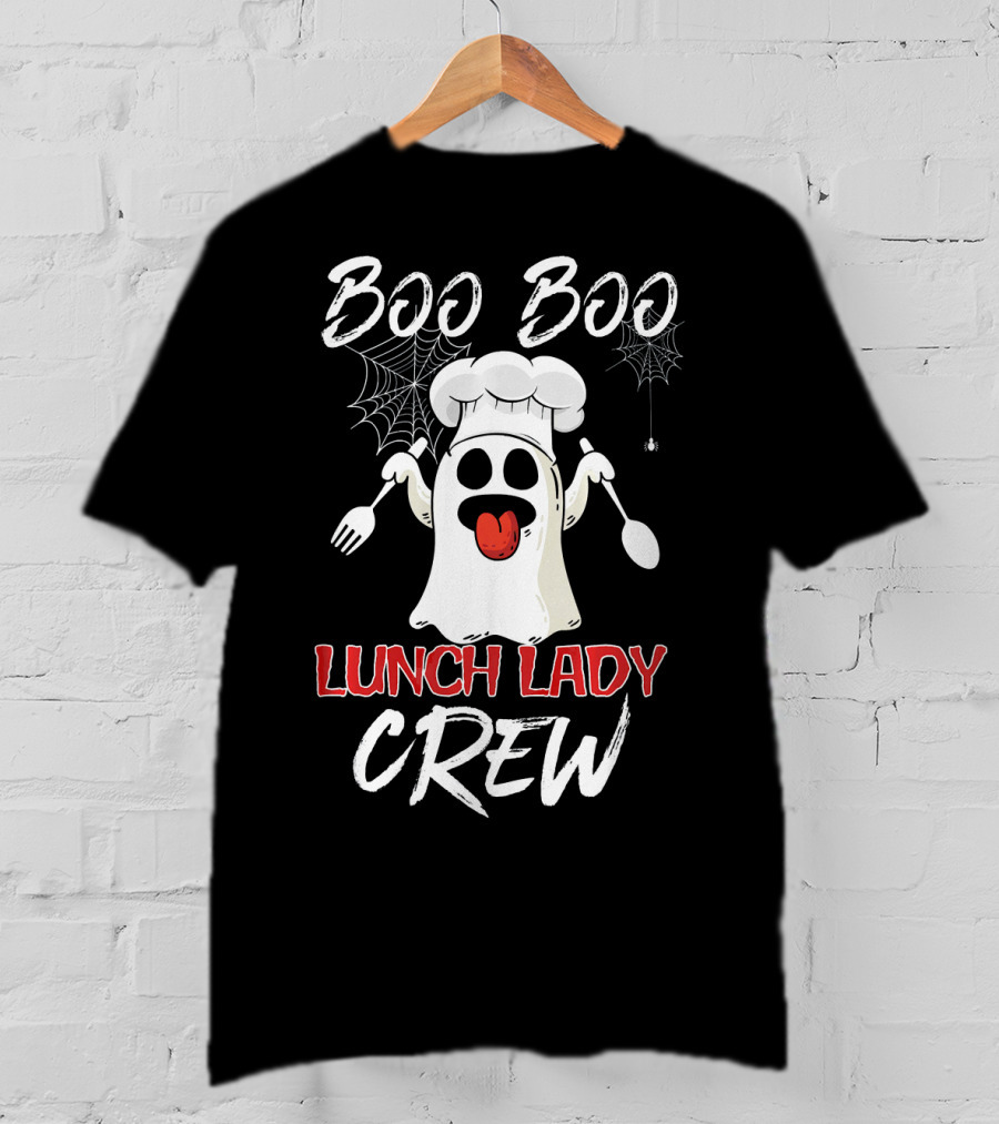 Boo Boo Lunch Lady Crew Funny Chef Ghost With Webs And Utensils T-Shirt