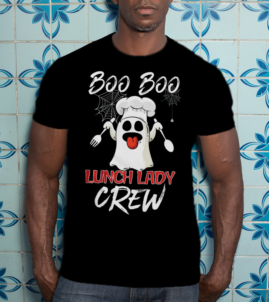 Boo Boo Lunch Lady Crew Funny Chef Ghost With Webs And Utensils T-Shirt
