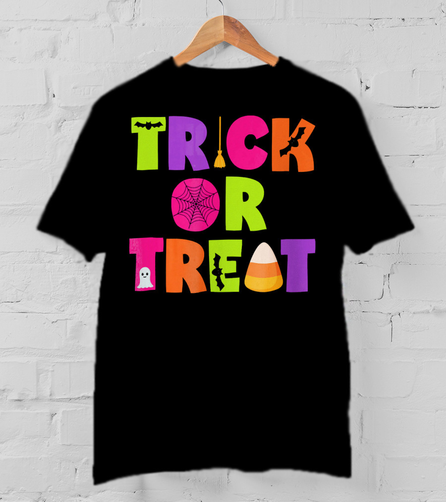 Trick Or Treat Bat Broom Spiderweb Ghost Candy Corn Halloween T-Shirt