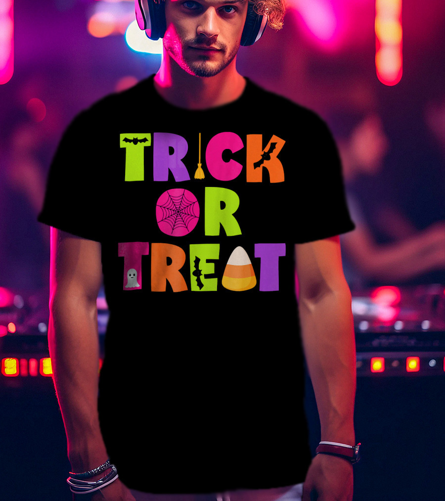 Trick Or Treat Bat Broom Spiderweb Ghost Candy Corn Halloween T-Shirt