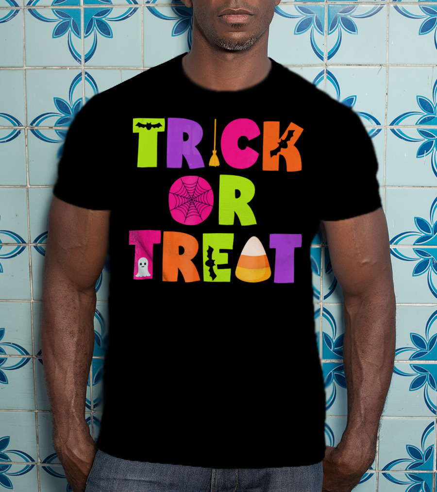 Trick Or Treat Bat Broom Spiderweb Ghost Candy Corn Halloween T-Shirt