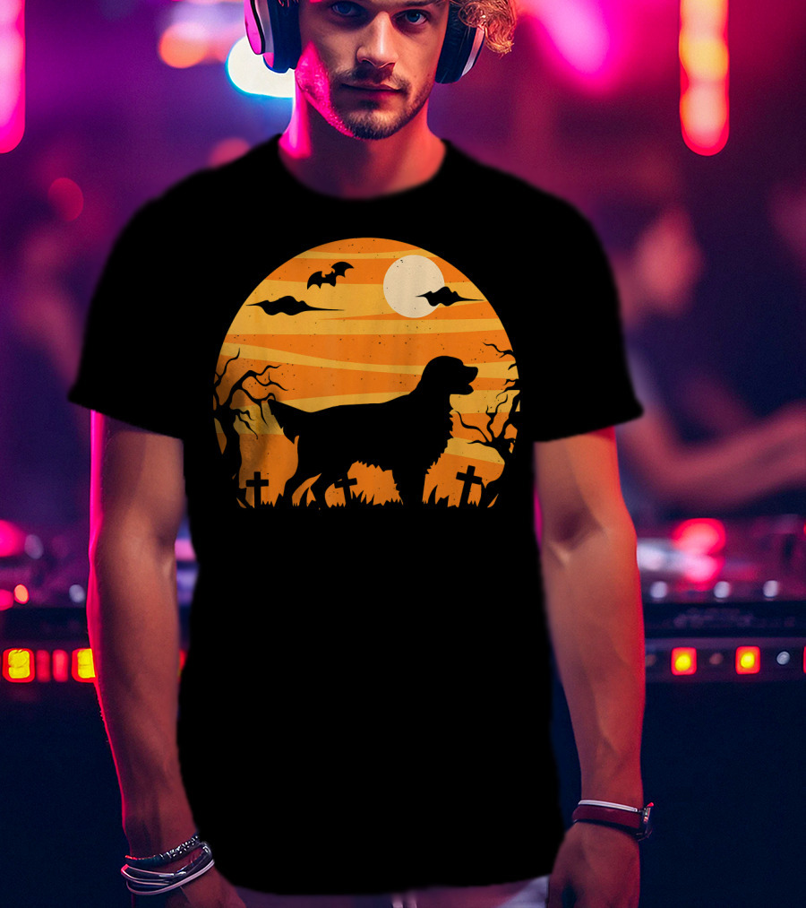 Flat Coated Retriever Halloween Moonlit Graveyard Scene T-Shirt