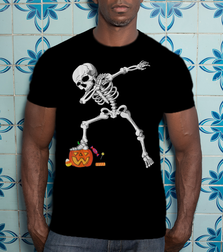 Halloween Skeleton Dabbing On Pumpkin With Candy T-Shirt