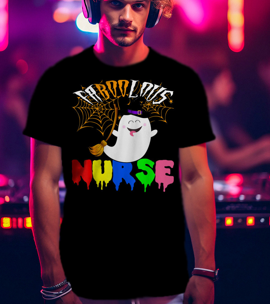 Faboolous Nurse Ghost With Witch Hat And Broom Halloween T-Shirt