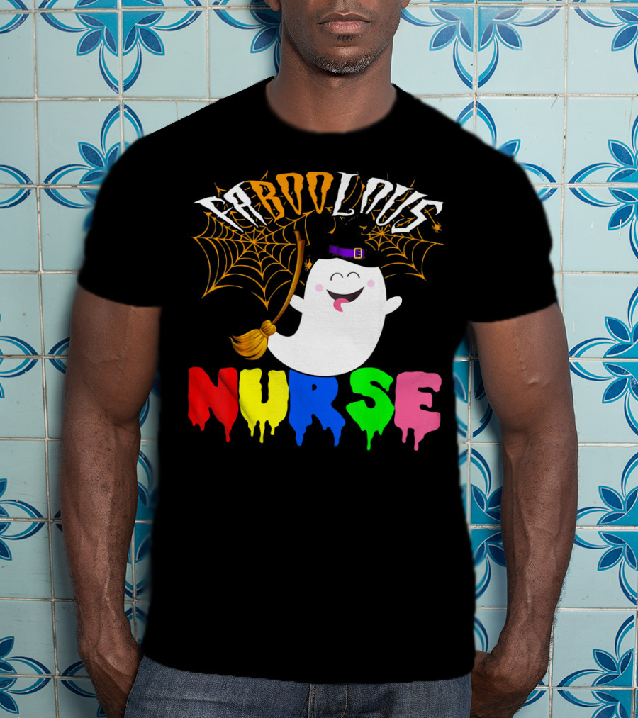 Faboolous Nurse Ghost With Witch Hat And Broom Halloween T-Shirt