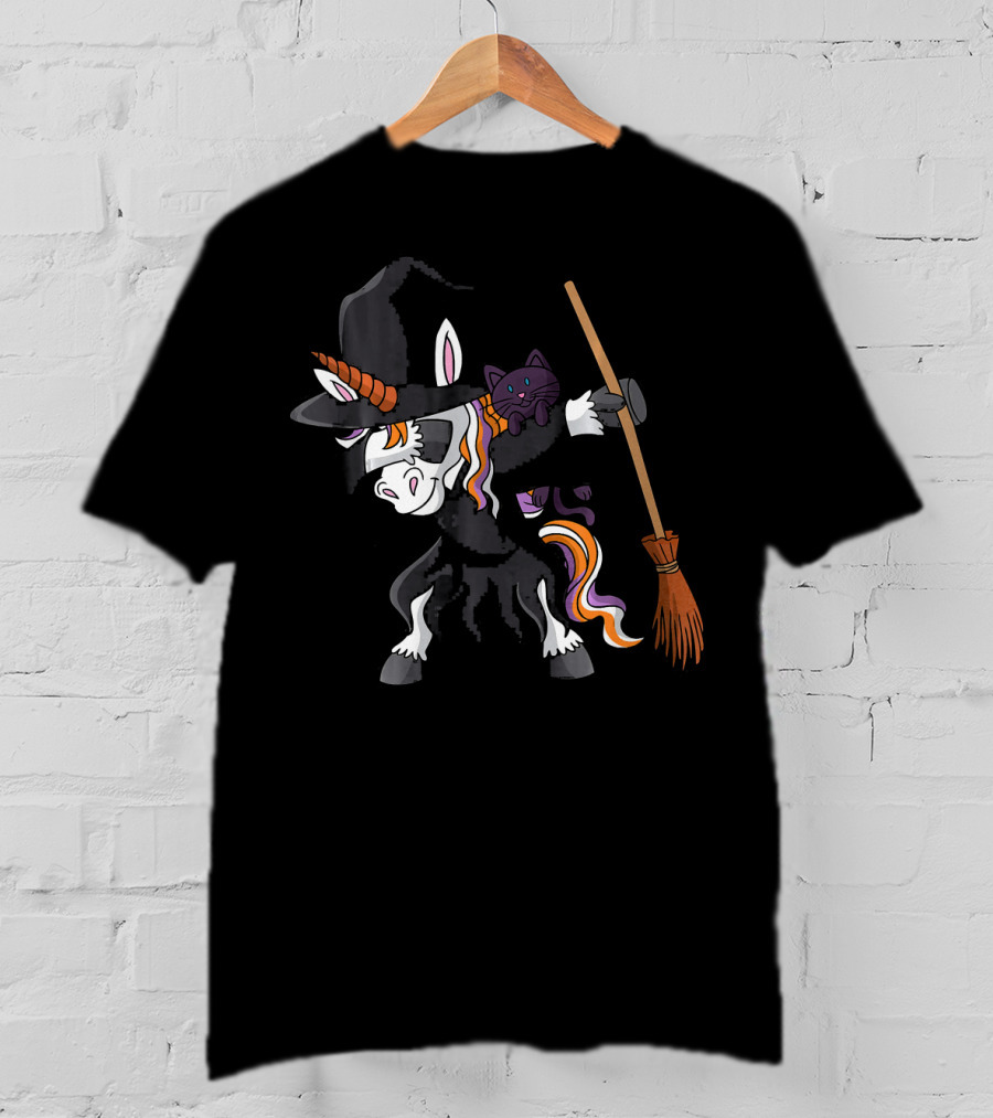 Dabbing Halloween Witch Unicorn With Cat And Broom T-Shirt