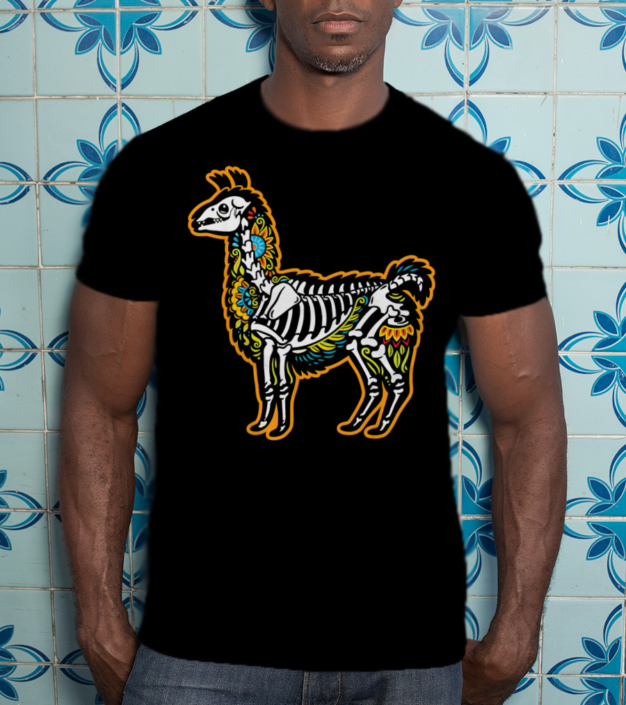 Colorful Dia De Los Muertos Llama Skeleton T-Shirt