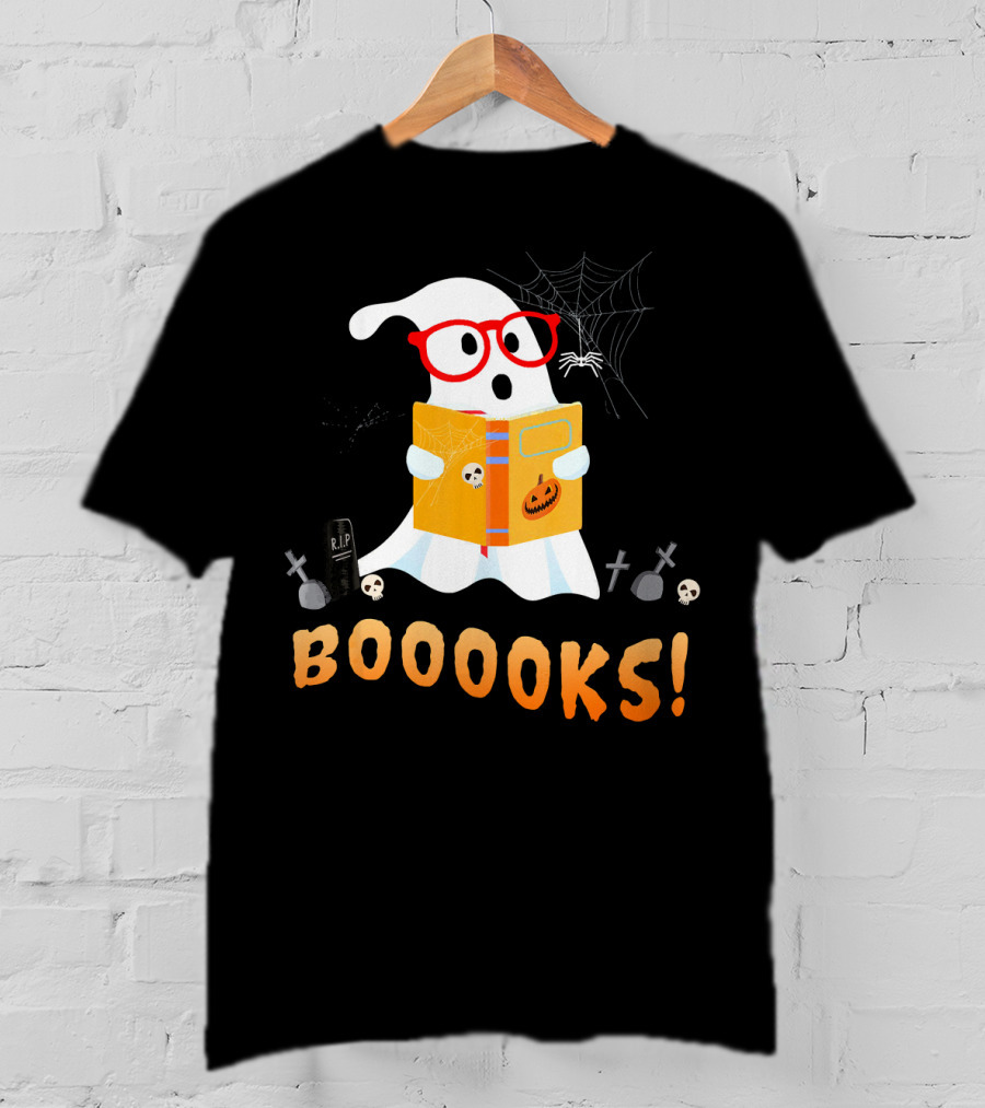 BOOOOKS Funny Teacher Halloween Ghost Reads With Spider Webs T-Shirt