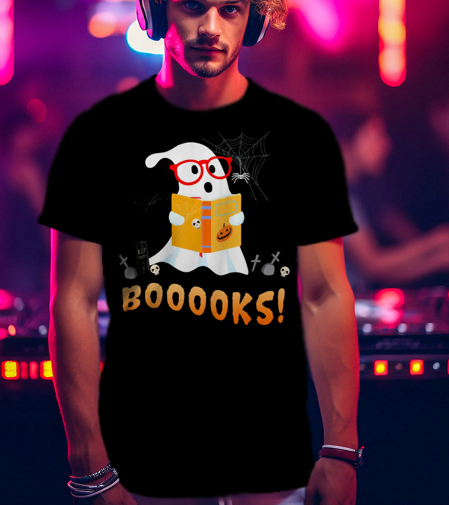 BOOOOKS Funny Teacher Halloween Ghost Reads With Spider Webs T-Shirt