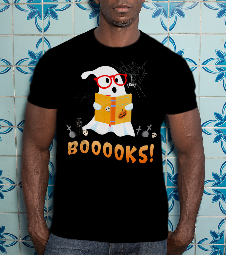 BOOOOKS Funny Teacher Halloween Ghost Reads With Spider Webs T-Shirt