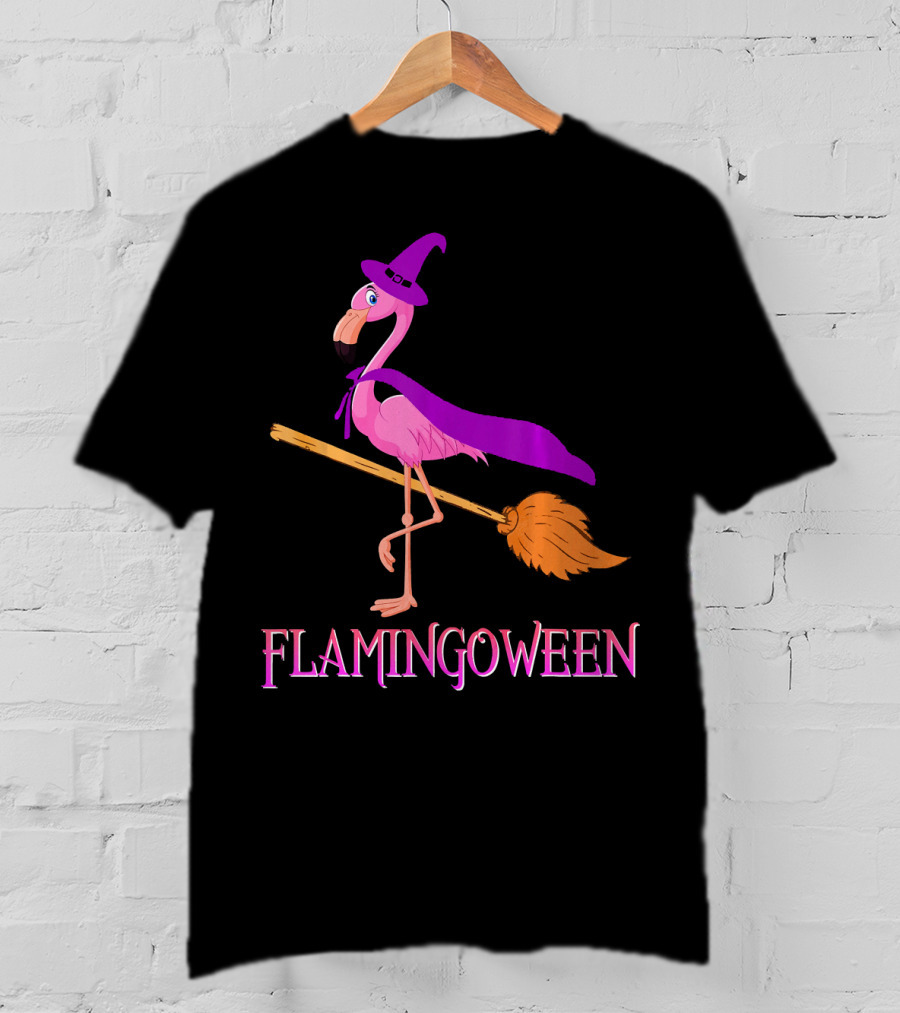 Flamingoween Witch Flamingo Riding Broomstick T-Shirt