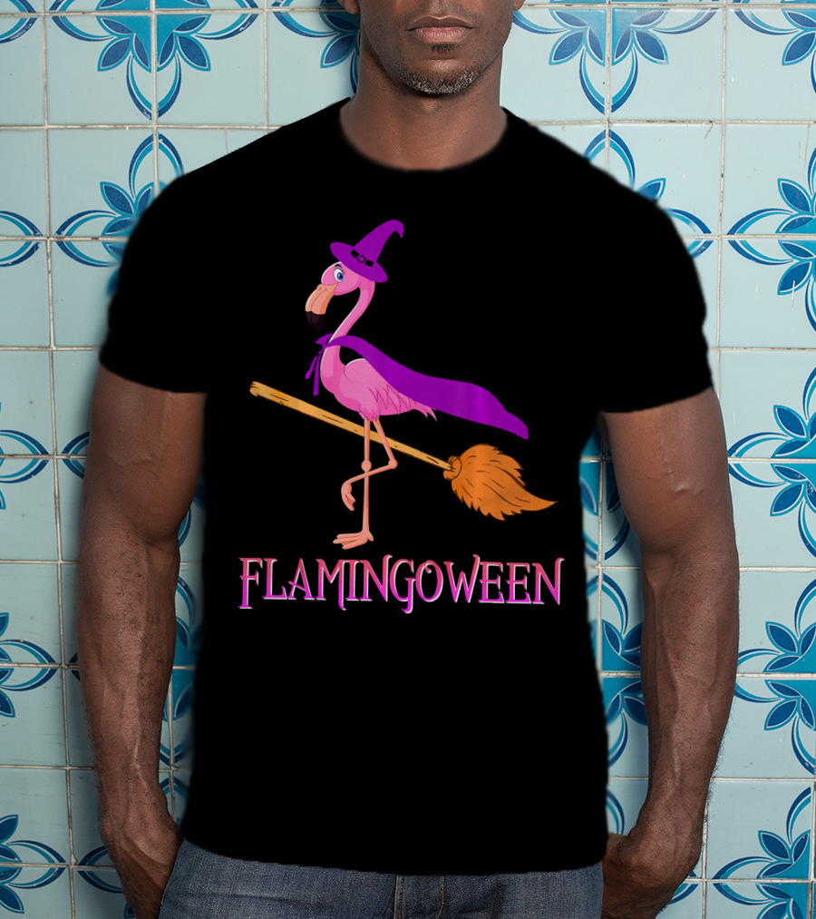 Flamingoween Witch Flamingo Riding Broomstick T-Shirt