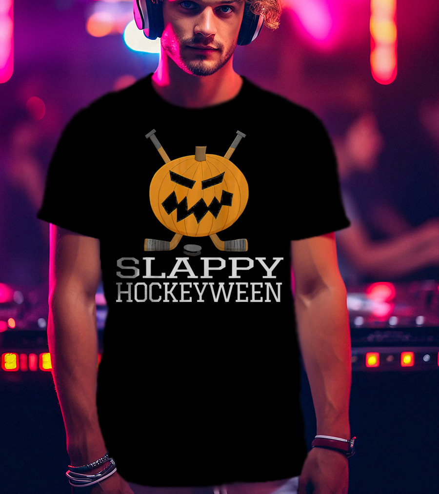SLAPPY HOCKEYWEEN Pumpkin Ice Hockey Halloween T-Shirt