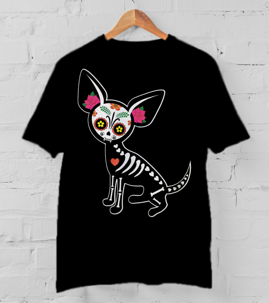Day Of The Dead Chihuahua Skeleton Skull Flowers T-Shirt