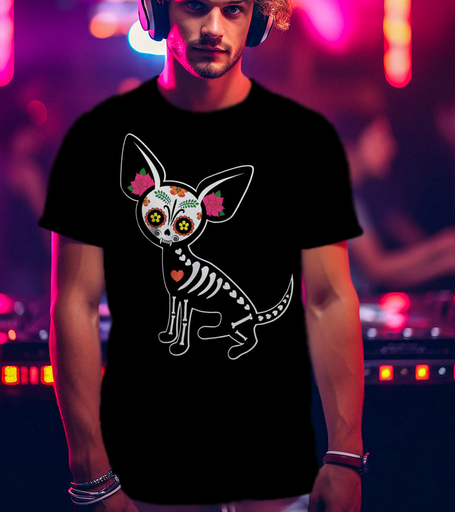 Day Of The Dead Chihuahua Skeleton Skull Flowers T-Shirt