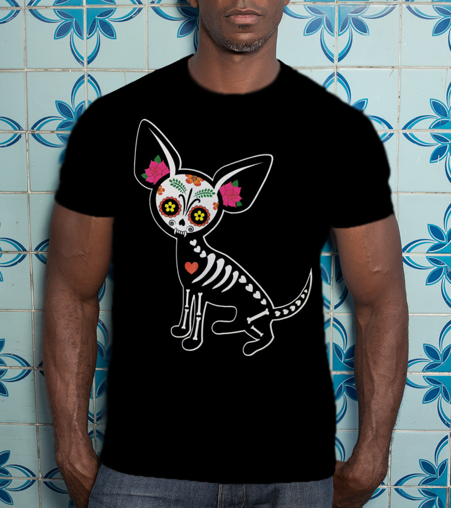 Day Of The Dead Chihuahua Skeleton Skull Flowers T-Shirt