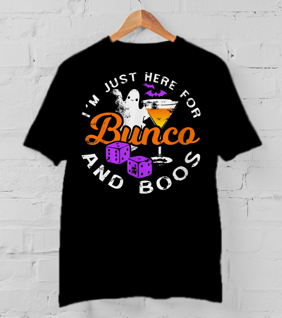 I'm Just Here For Bunco And Boos Ghost Bat Cocktail Dice T-Shirt