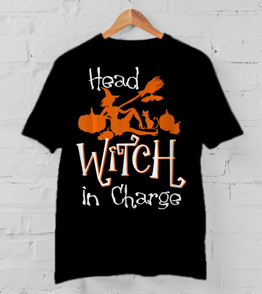 Head Witch In Charge Funny Halloween Pumpkins Broomstick Cat T-Shirt