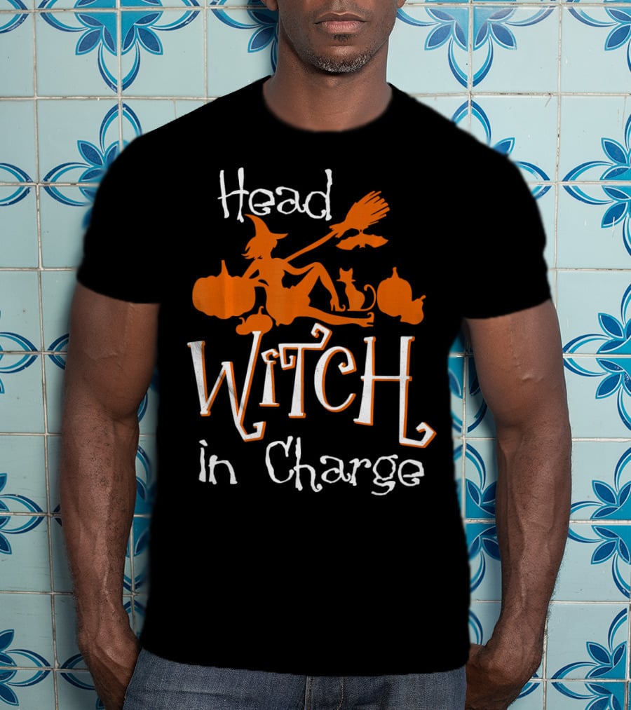 Head Witch In Charge Funny Halloween Pumpkins Broomstick Cat T-Shirt