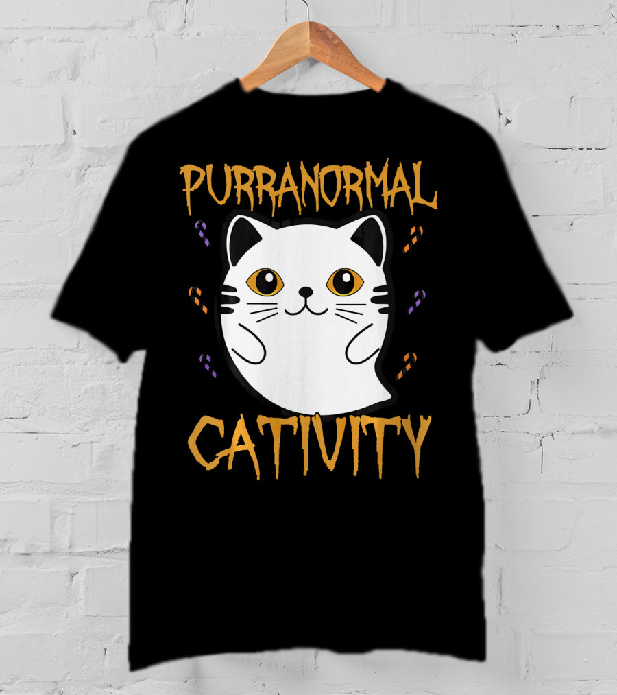 Purranormal Cativity Ghostly Cat Boo With Candy Corn T-Shirt
