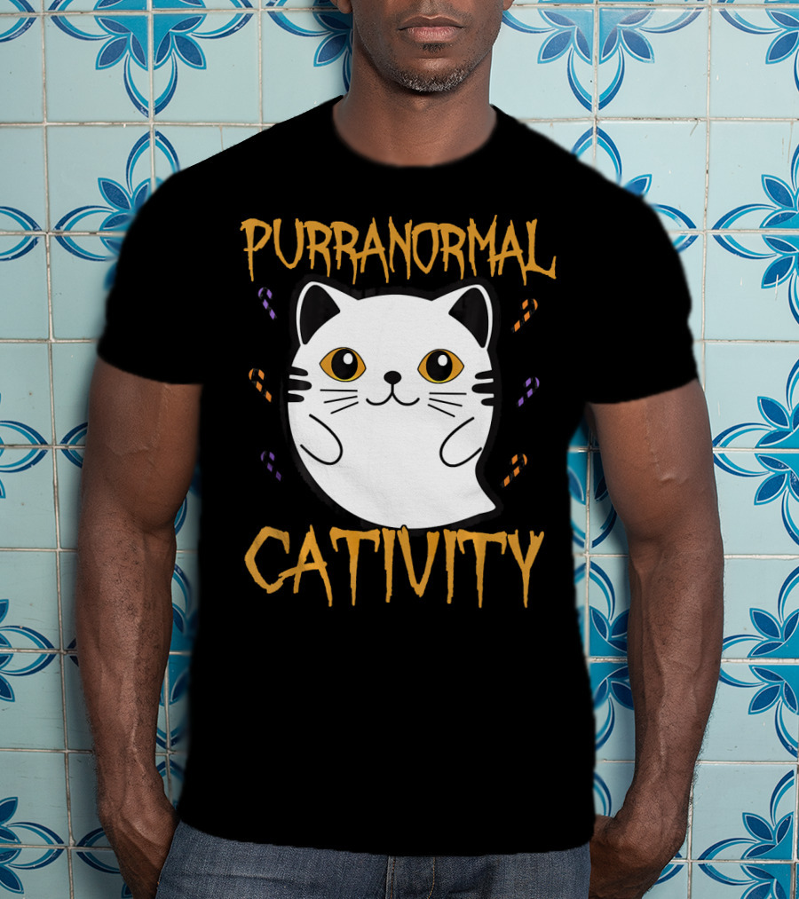 Purranormal Cativity Ghostly Cat Boo With Candy Corn T-Shirt