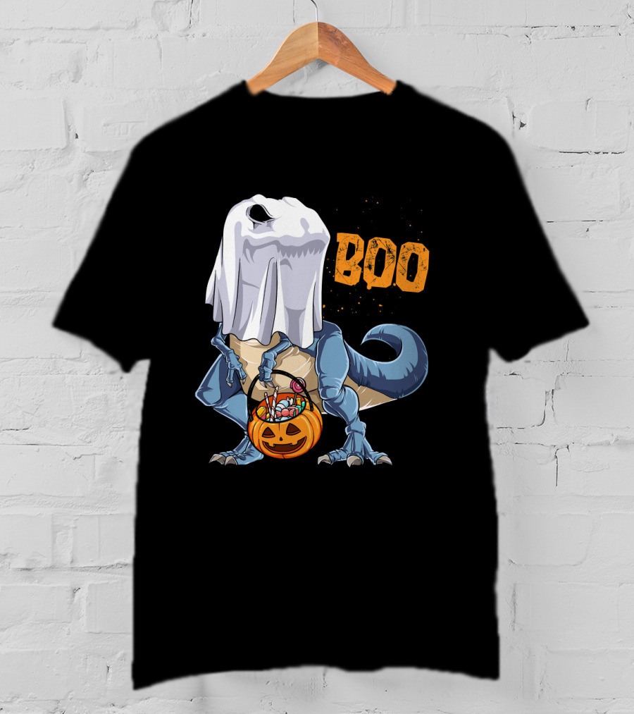 Ghost Dinosaur Rex Boo Halloween Candy Pumpkin T-Shirt