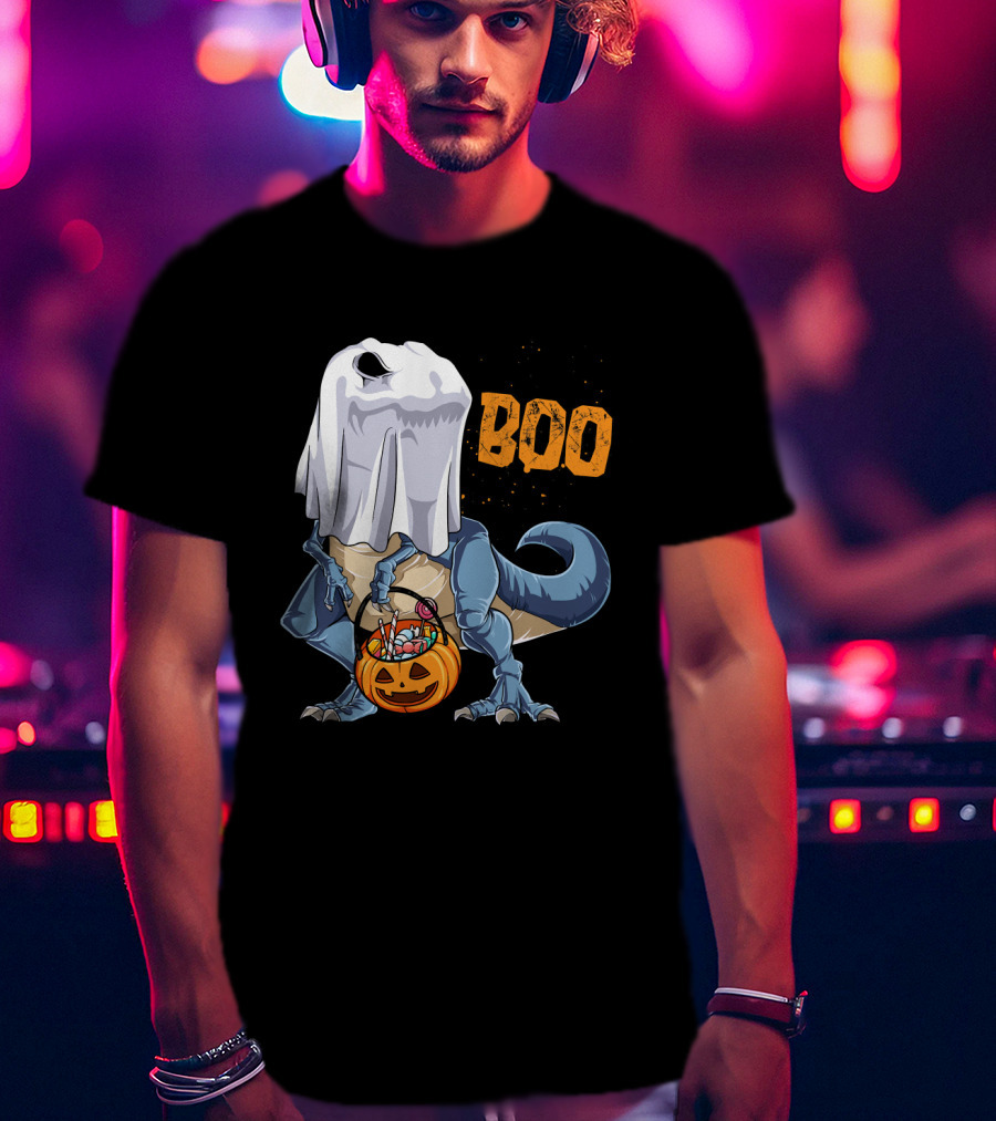 Ghost Dinosaur Rex Boo Halloween Candy Pumpkin T-Shirt