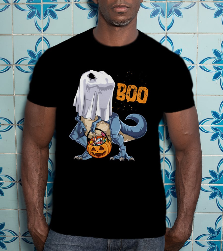 Ghost Dinosaur Rex Boo Halloween Candy Pumpkin T-Shirt