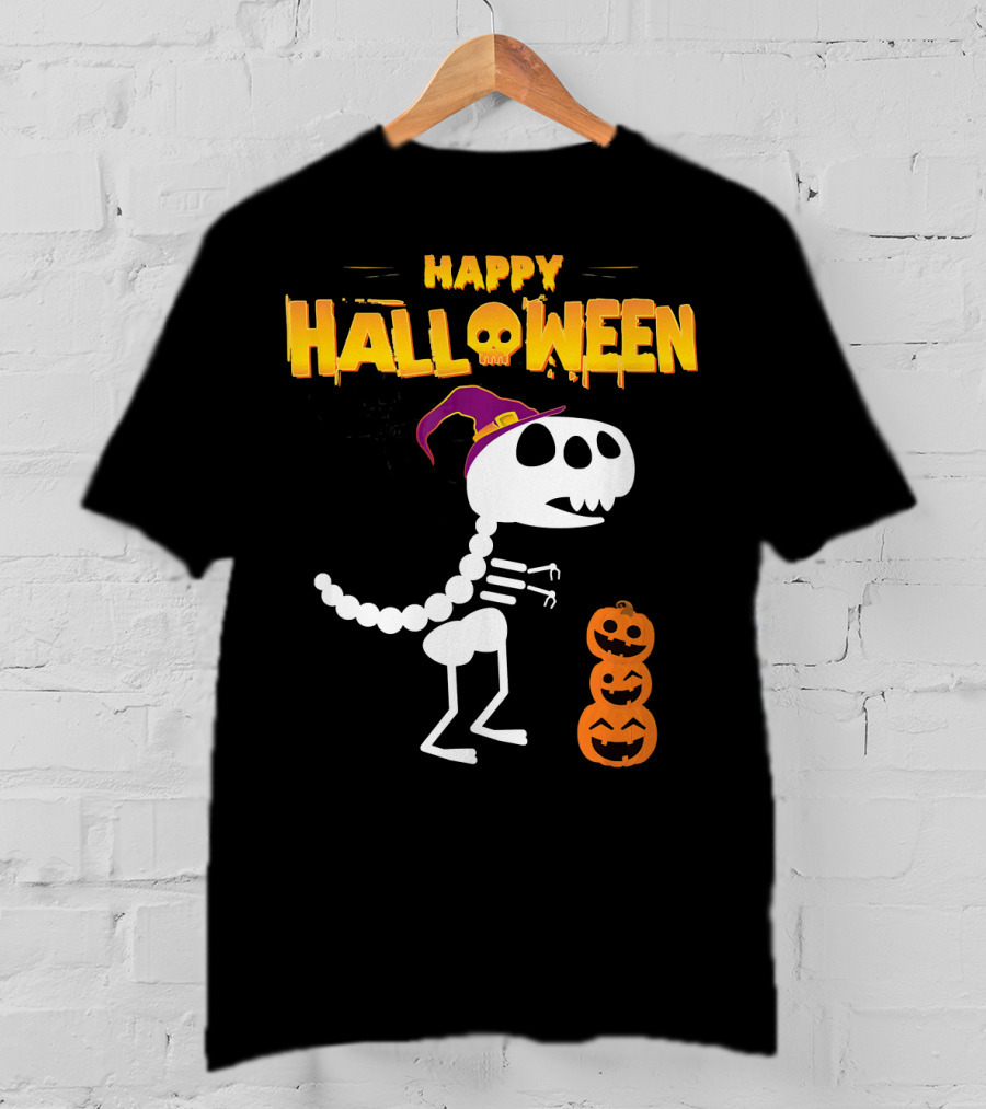 Happy Halloween Funny Rex Skeleton With Witch Hat And Pumpkins T-Shirt