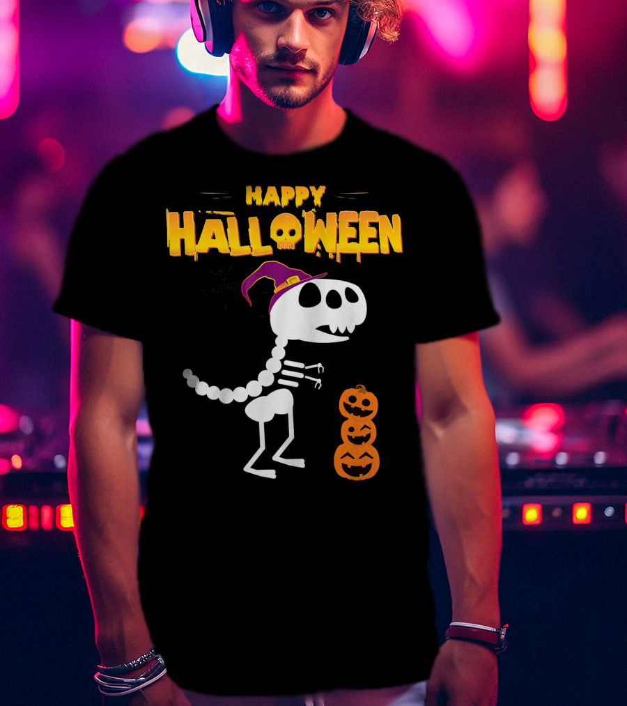 Happy Halloween Funny Rex Skeleton With Witch Hat And Pumpkins T-Shirt
