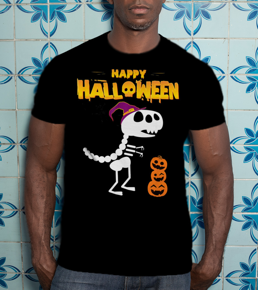 Happy Halloween Funny Rex Skeleton With Witch Hat And Pumpkins T-Shirt