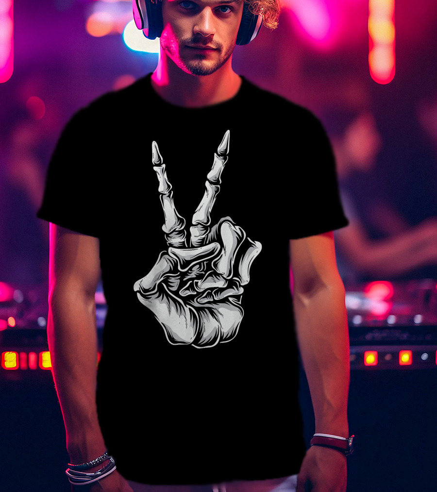 Skeleton Hand Peace Sign Halloween Night T-Shirt